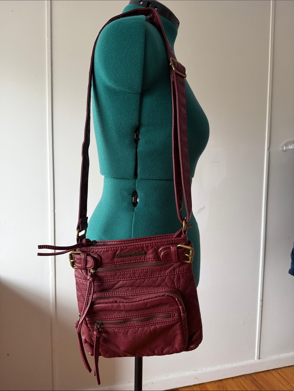 Montana West Leather Crossbody Bag in Burgundy - Multiple Zip Pocket